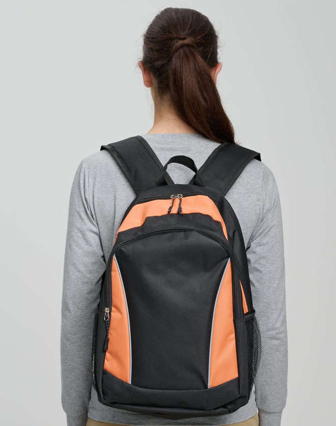 A black and orange backpack with padded shoulder straps and a zippered pocket on the front.