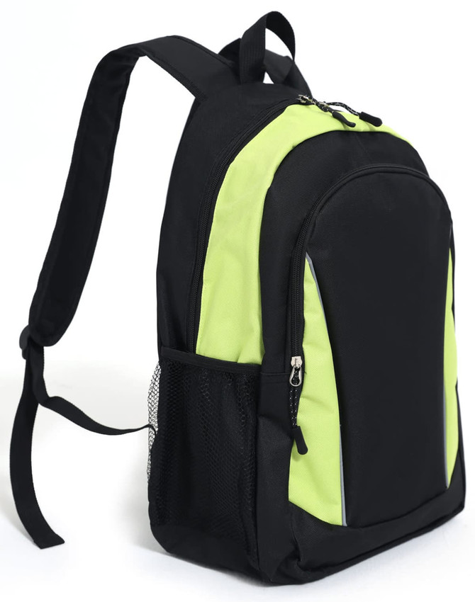 A black and lime green backpack with adjustable straps and a side mesh pocket. Features a zippered main compartment.