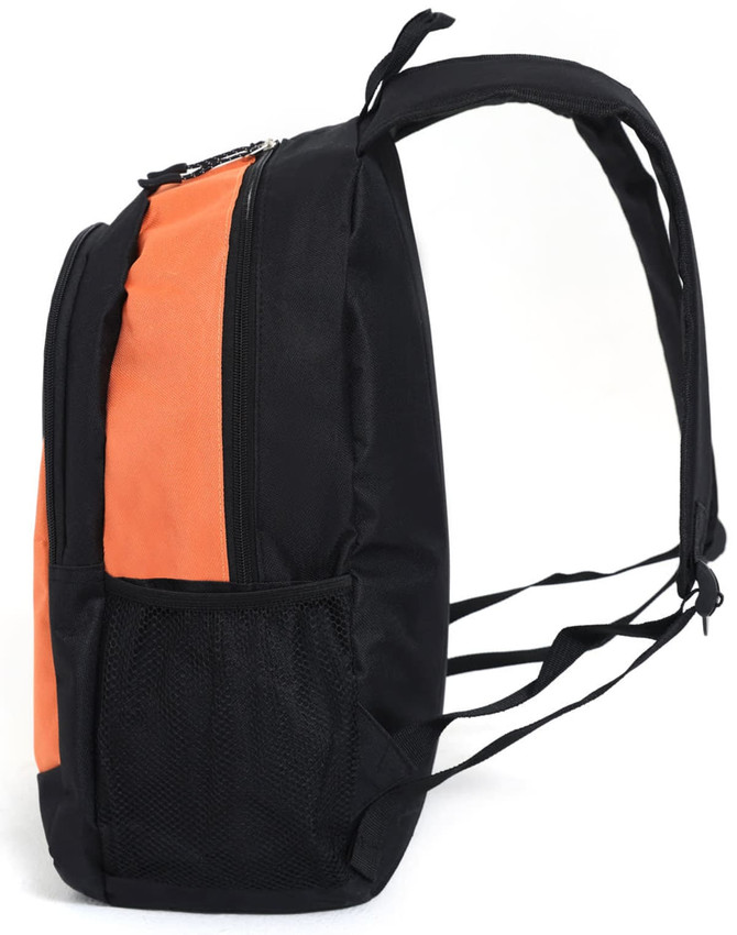 A black and orange backpack featuring a side mesh pocket and adjustable straps, with a logo prominently displayed.