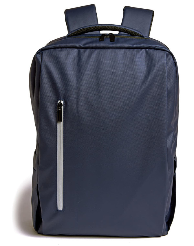 A navy blue backpack with a front zip pocket and padded shoulder straps, featuring a logo.