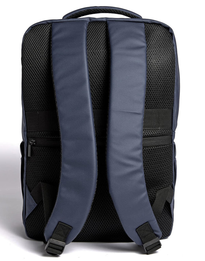 A navy and black backpack with padded straps and a mesh back for comfort. It features a logo on the front.
