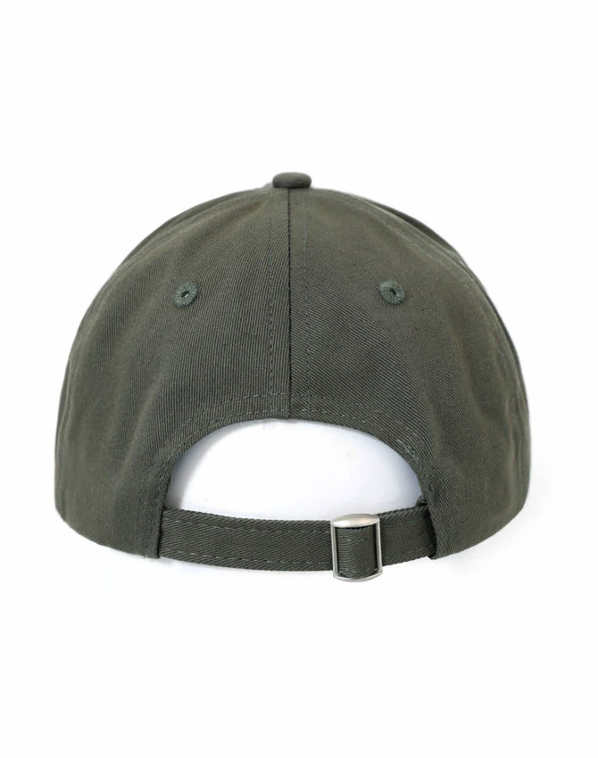 A green unstructured cotton twill cap featuring a curved brim and adjustable strap at the back.