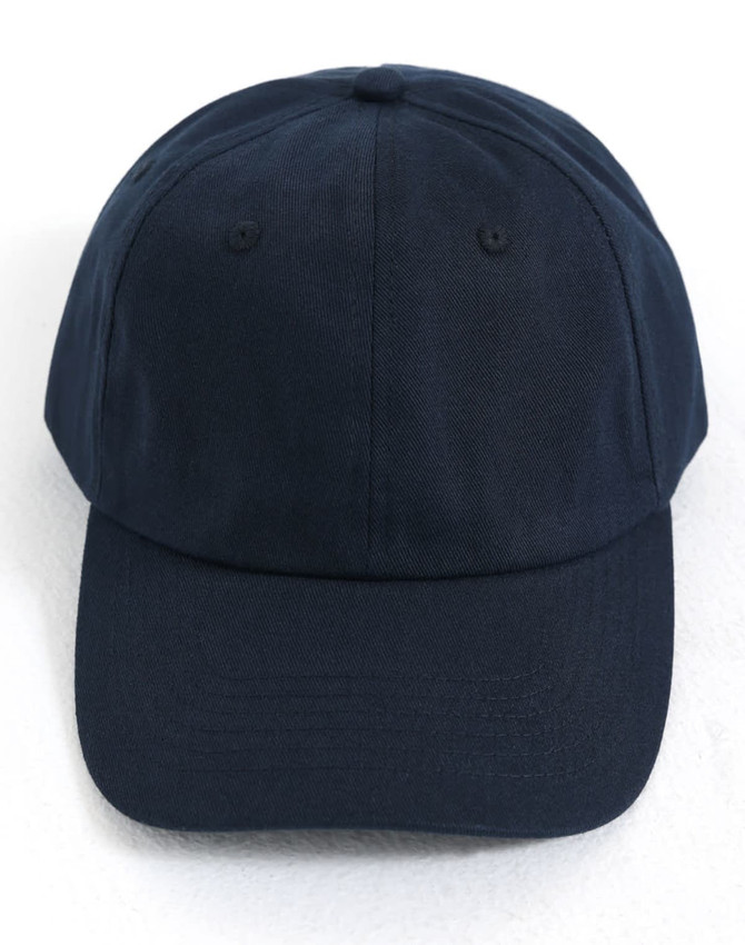A navy cotton twill unstructured cap with a curved brim and a logo on the front.