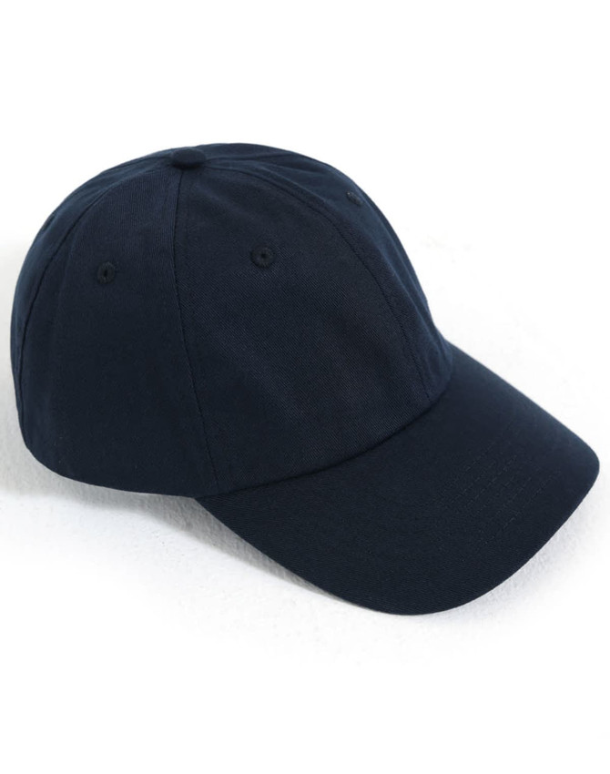 A navy cotton twill unstructured cap with a curved brim and an adjustable strap at the back. Features a logo.