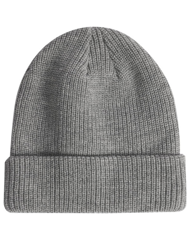 A grey cable knit snug beanie with a roll-up cuff and a small logo on the side.