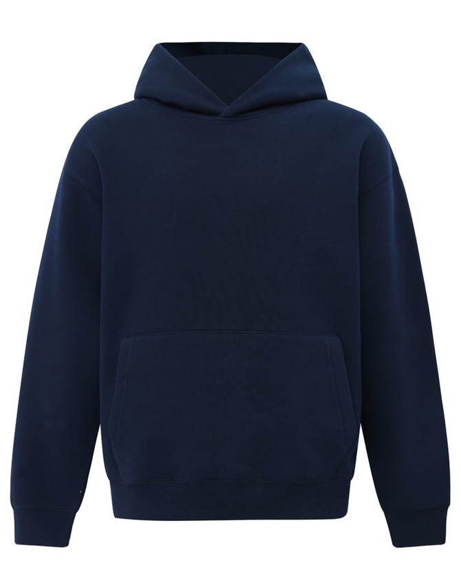 A unisex premium fleece oversized hoodie in navy blue, featuring a front pocket and a hood. It has a logo.