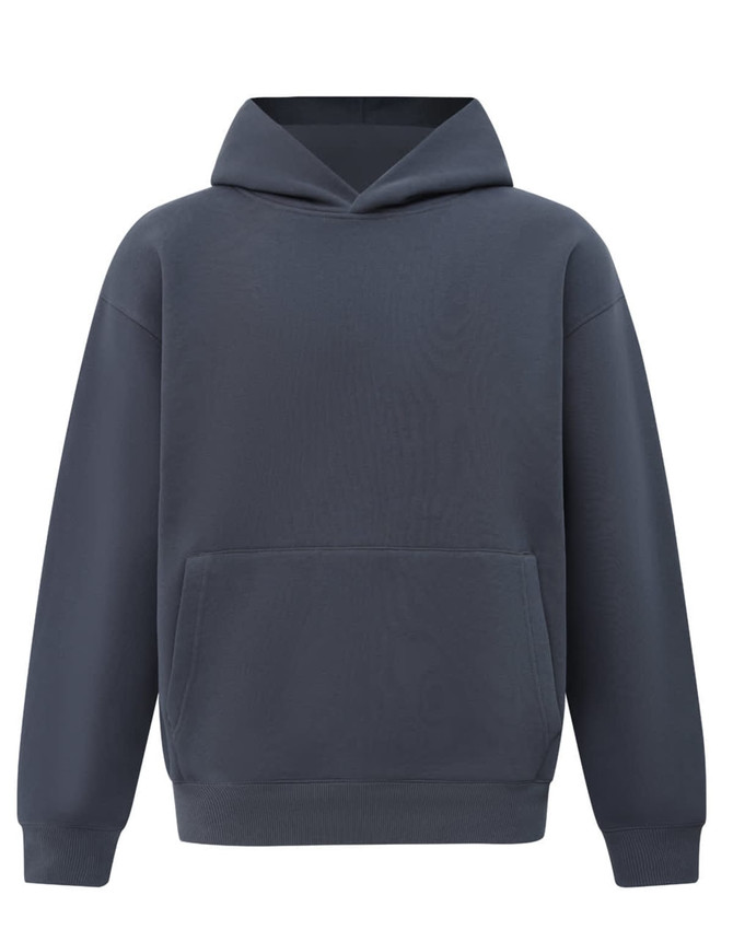 A unisex premium fleece oversized hoodie in a navy blue shade, featuring a hood and a front pocket.