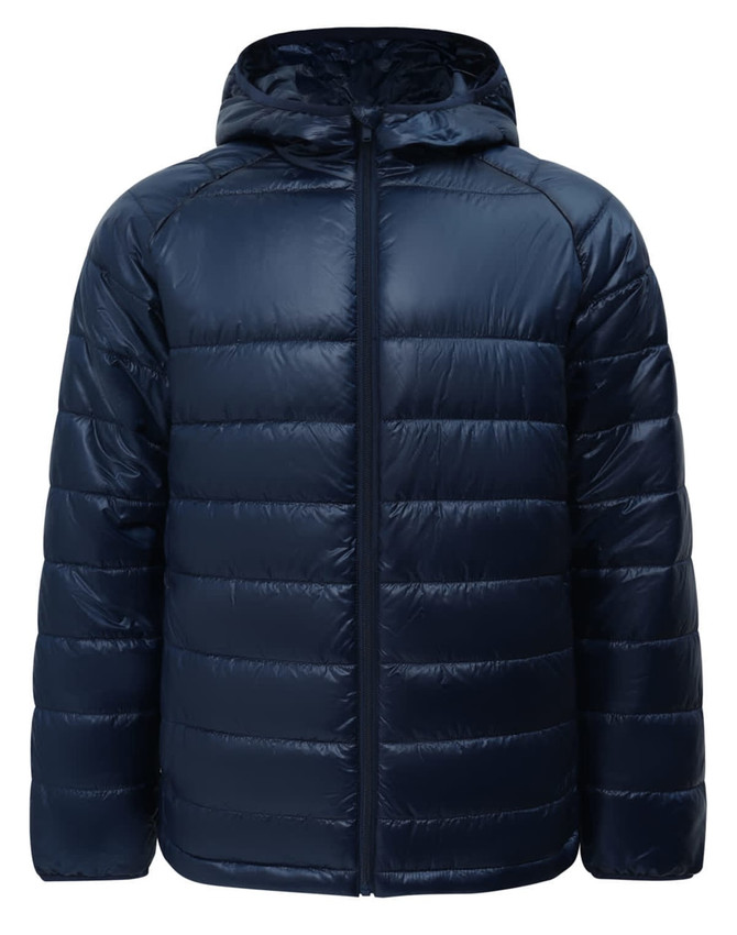 A navy blue lightweight hooded puffer jacket with a sleek finish and a zip front. Features a logo on the jacket.