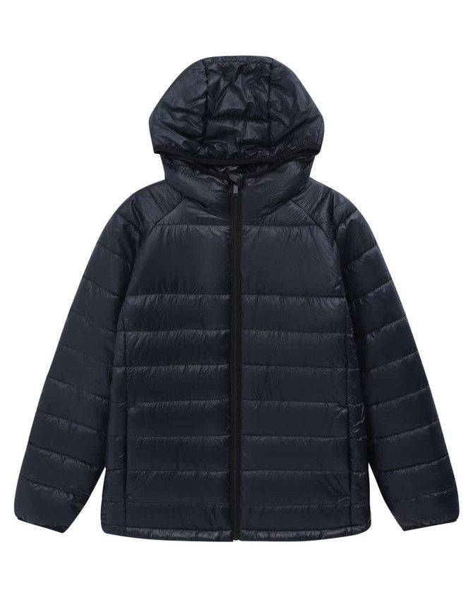 A lightweight hooded puffer jacket in navy blue, featuring a zip front and a smooth finish. It has a logo on the sleeve.