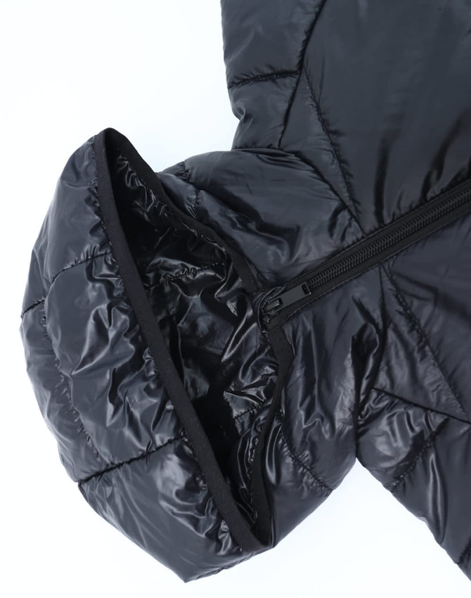 A black kids' puffer jacket featuring a lightweight design and a hood, with a visible zip closure.