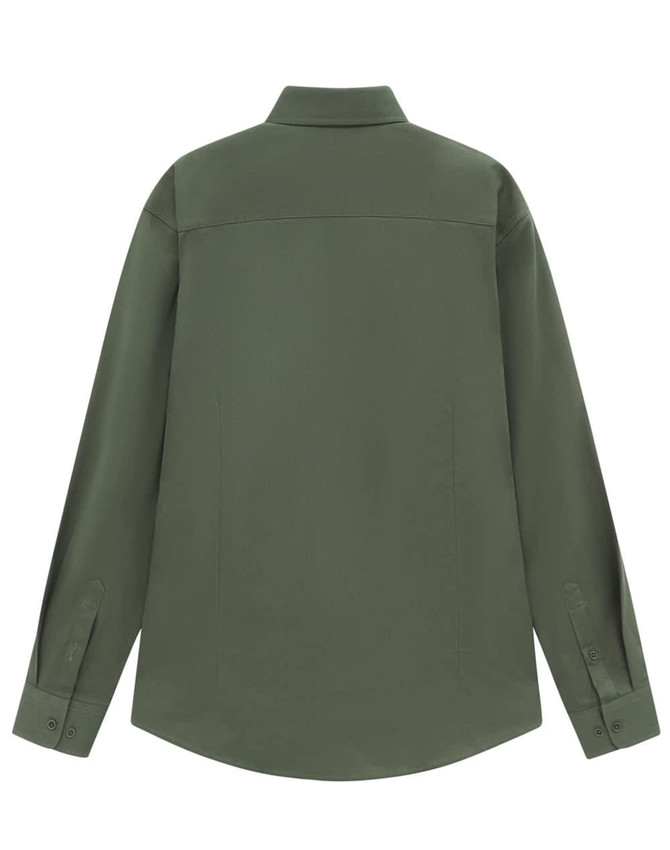 A long-sleeve shirt in olive green with a classic collar and buttoned cuffs, featuring a logo on the back.