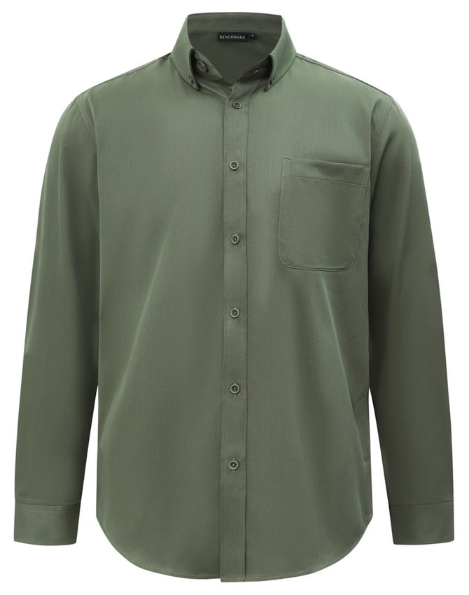 A men's smart casual long-sleeve shirt in olive green, featuring a button-down collar and a chest pocket.