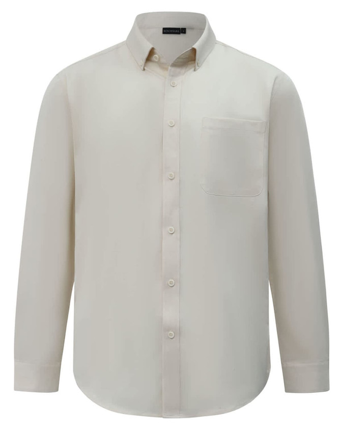A men's smart casual long-sleeve shirt in a light cream colour with a chest pocket and button-down collar.