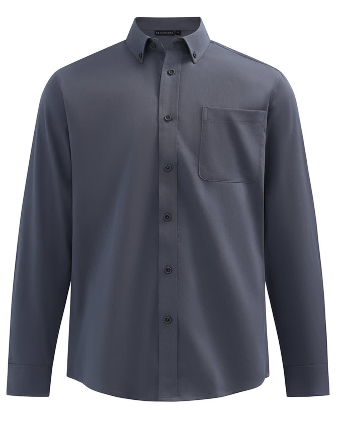 A men's smart casual long-sleeve shirt in a dark grey cotton blend, featuring a button-down collar and a chest pocket.