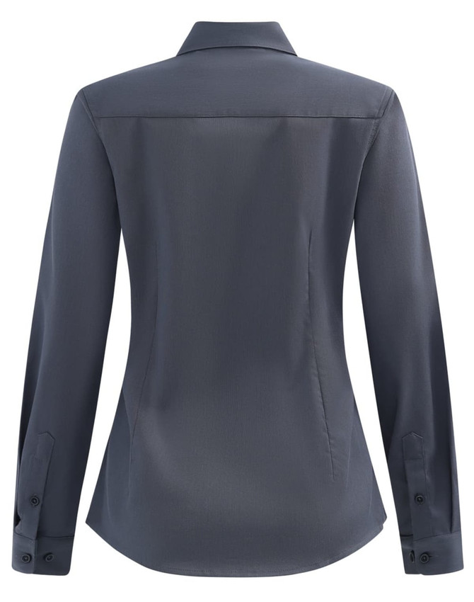 A navy long-sleeve cotton blend shirt with a fitted back design and buttoned cuffs. Features a collar and a logo.