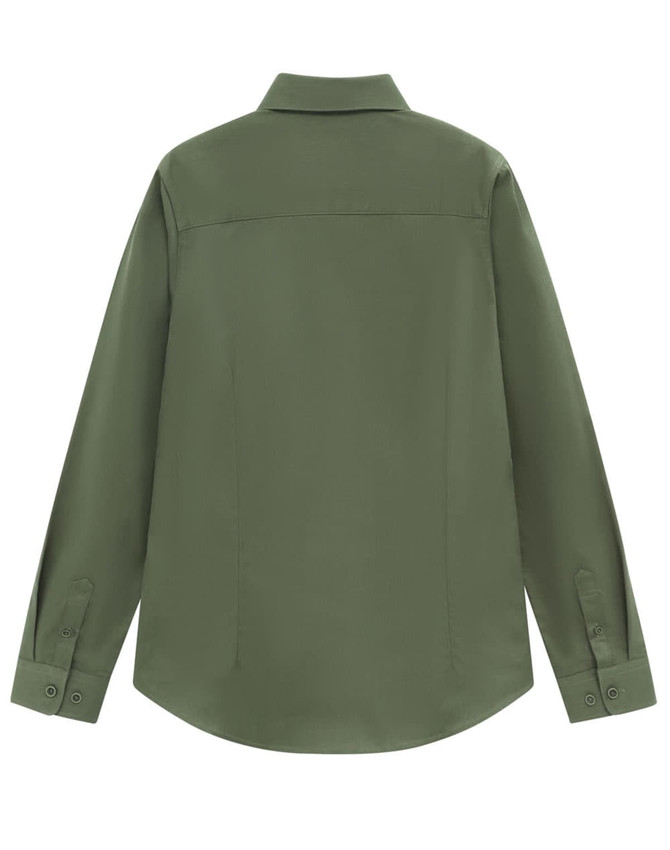 A ladies' long-sleeve shirt in olive green with a back view, featuring a collar and buttoned cuffs, has a logo.