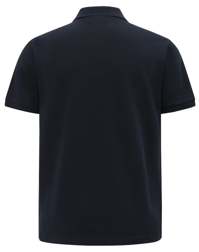 A navy blue short-sleeved polo shirt with a flat collar and a logo displayed.