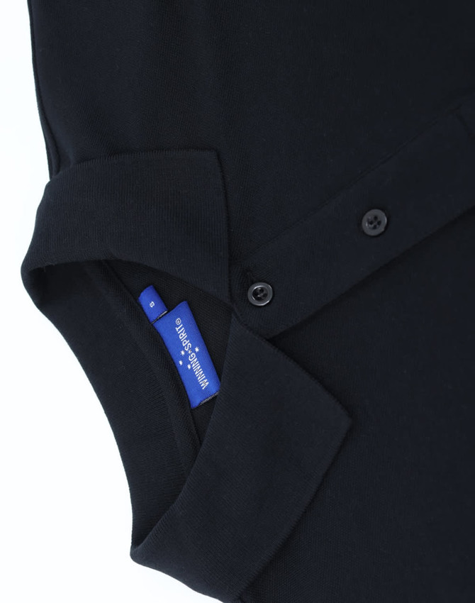 A navy blue men's classic cotton/poly pique short sleeve polo featuring a collar and button placket.