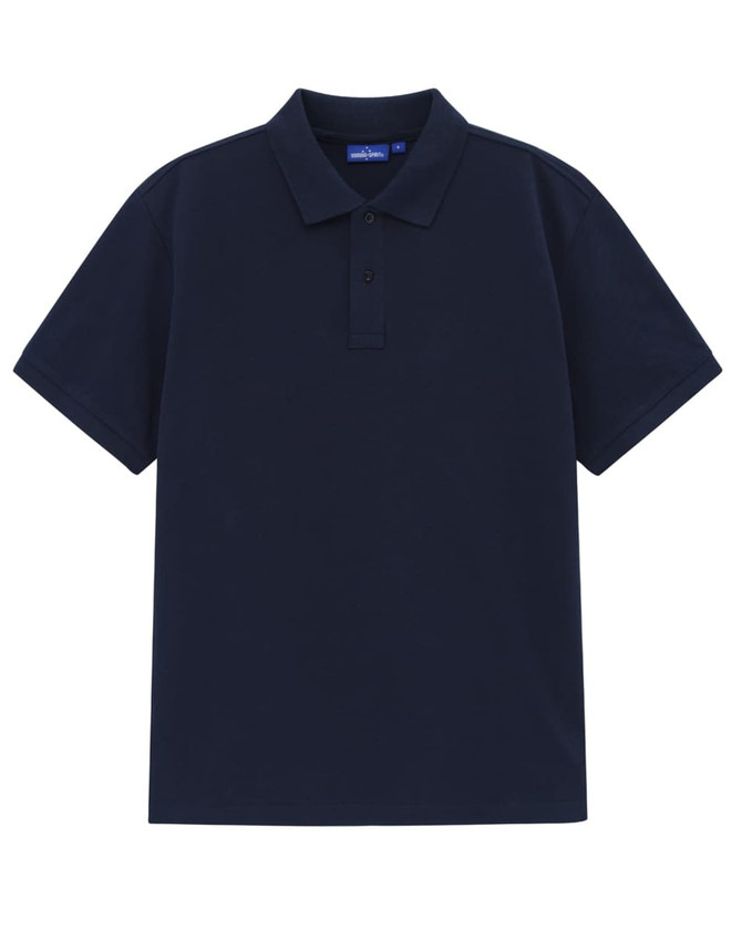 A navy blue men's classic cotton/poly pique short sleeve polo shirt with a collar and buttons.