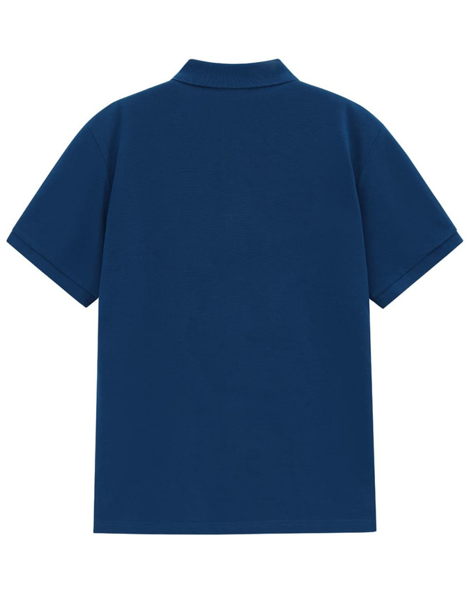 A navy blue men's classic cotton/poly pique short sleeve polo shirt, featuring a back view and a collar.