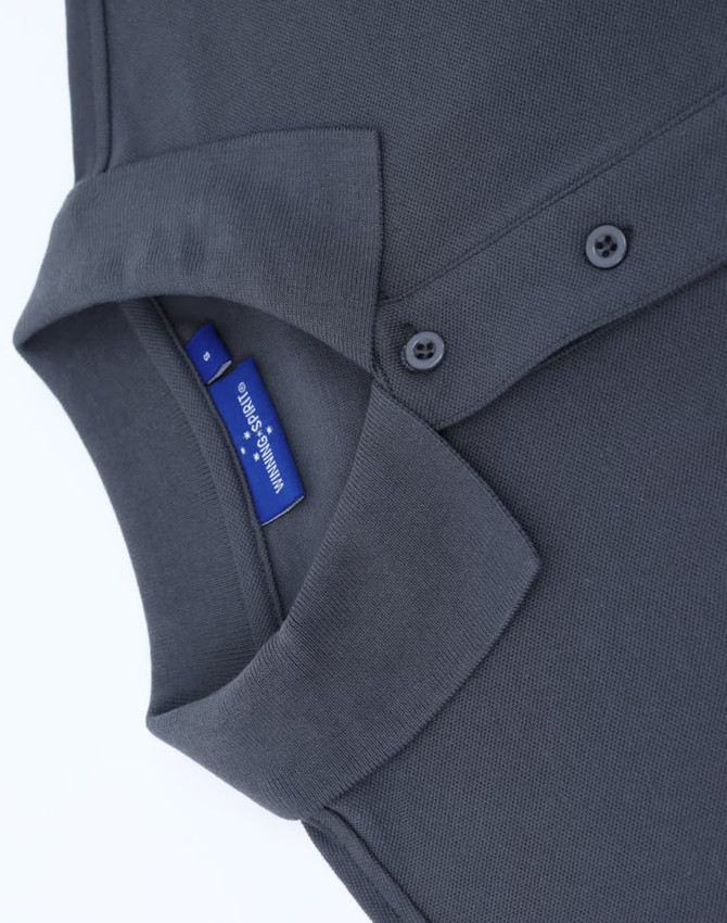 A grey short-sleeve polo shirt made of cotton and polyester, featuring a collar and button placket, with a logo.