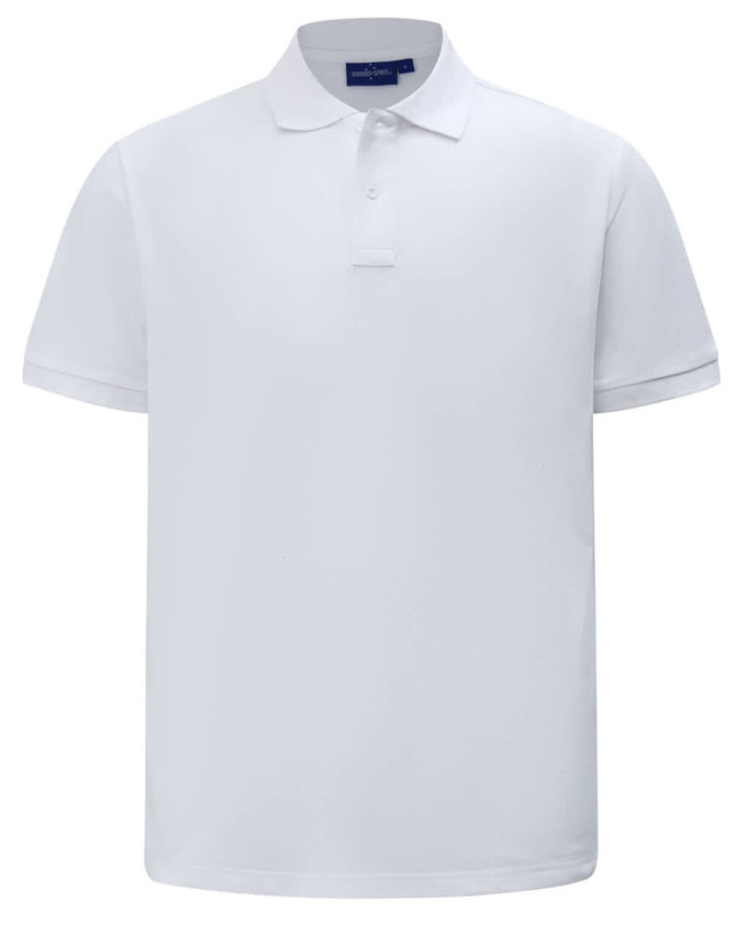 A white classic cotton/poly pique short-sleeve polo shirt with a collar and a logo.
