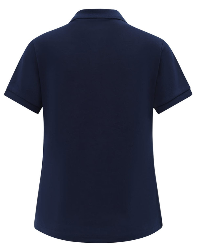 A navy blue ladies' classic cotton/poly pique short sleeve polo featuring a plain back and a collar.