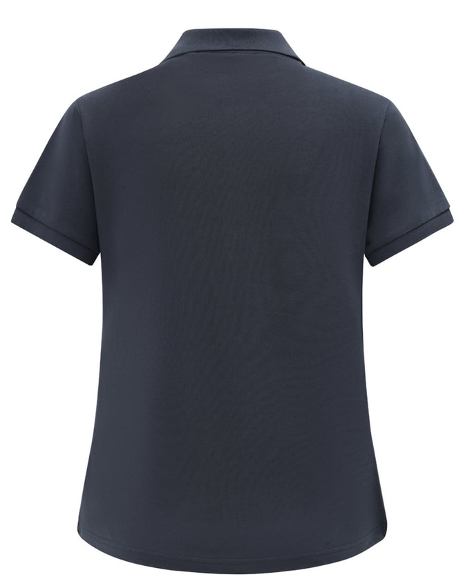 A navy short-sleeve polo shirt made from cotton and polyester, featuring a collar and a logo on the back.