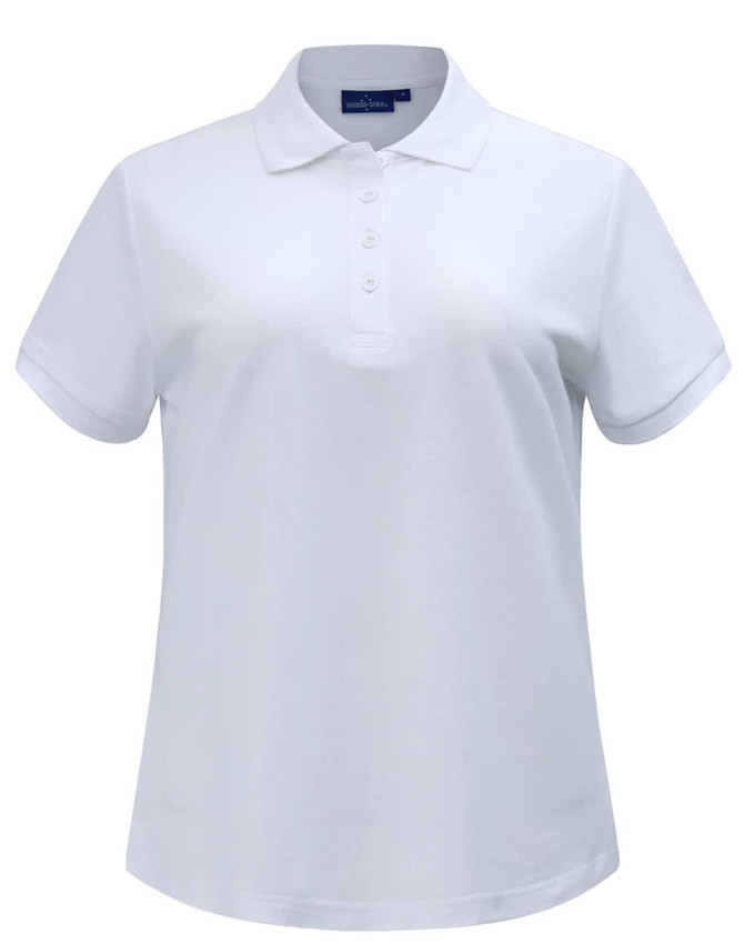 A white ladies' short-sleeve polo shirt with a classic pique weave and a logo on the collar.