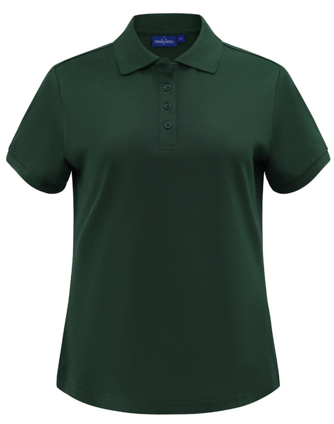 A dark green women's short-sleeve polo shirt with a collar and buttons, featuring a logo.