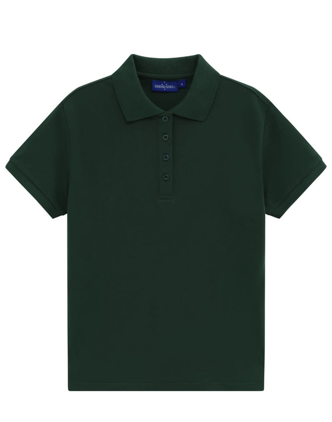 A dark green ladies' short-sleeve polo shirt with a classic pique texture and a collar. It features a logo.
