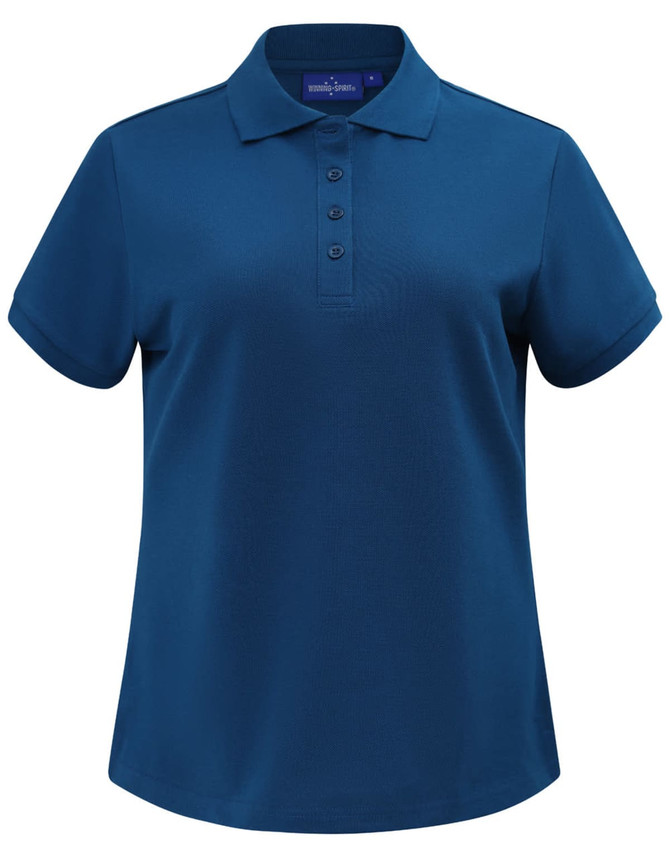 A navy blue ladies' classic cotton/poly pique short sleeve polo with a collar and a logo.