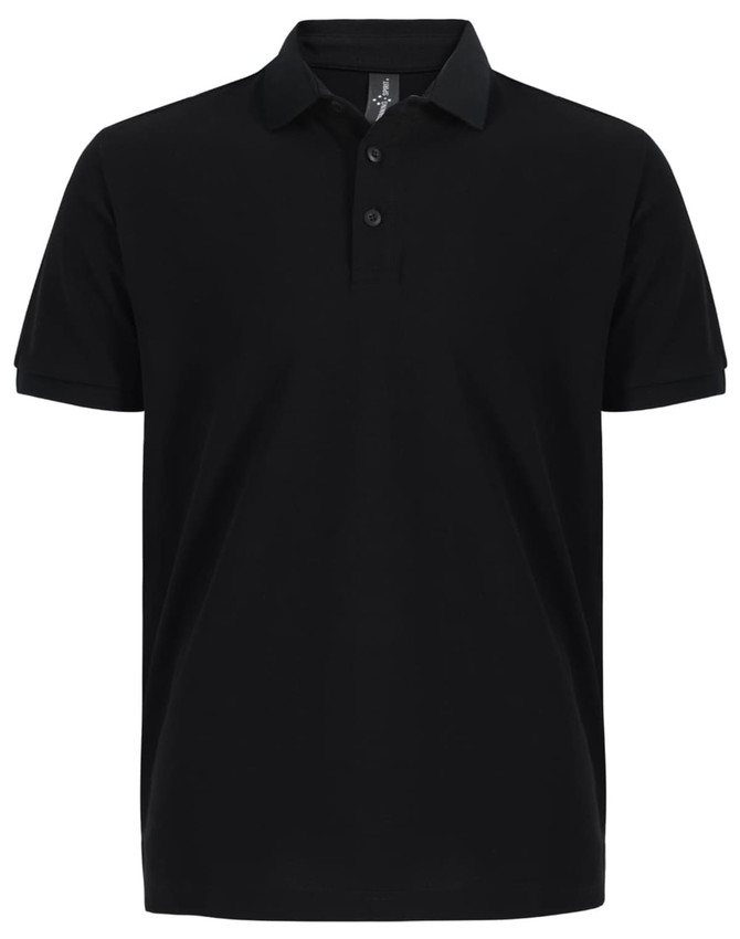 A black men's ultrafine cotton pique polo with a collar and three buttons, featuring a logo on the chest.