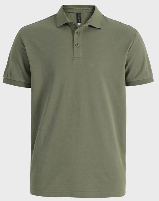 An olive green men's ultrafine cotton pique polo shirt featuring a collar and three buttons, with a logo on the chest.