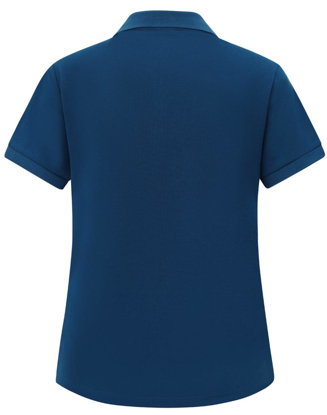 A navy blue ladies' ultrafine cotton pique polo shirt with a collar and short sleeves, featuring a logo.