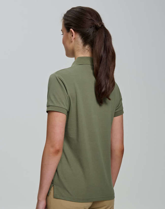 A women's olive green ultrafine cotton pique polo shirt, featuring a simple design and a branded logo.