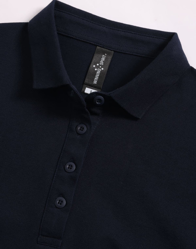 A navy blue ultrafine cotton pique polo with a classic collar and button placket, featuring a logo.