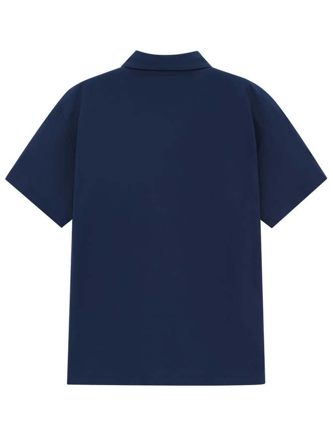 A navy blue short-sleeve polo shirt featuring a collar and a plain back, with a logo on the neck area.