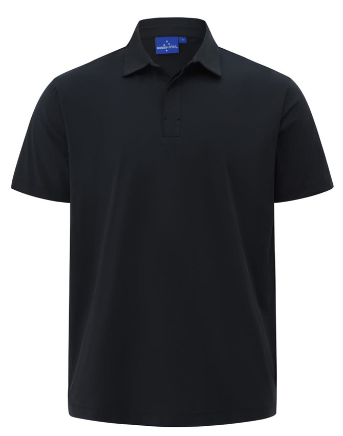 A black men's polo shirt made from high-performance graphene, featuring a short sleeve and collar design.