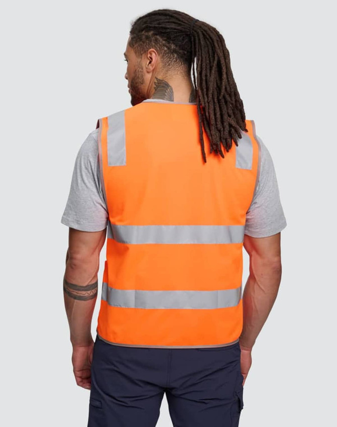 An orange high visibility safety vest with reflective stripes, featuring utility pockets and a logo.