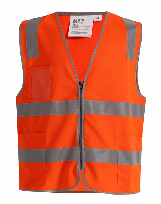 An orange high visibility safety vest with reflective stripes, featuring utility pockets and an ID pocket.
