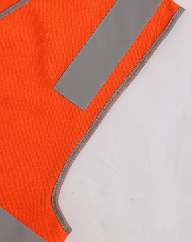 An orange safety vest with reflective grey strips and utility pockets, featuring a logo on one side.