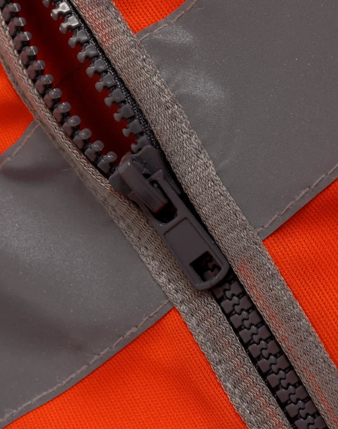 An orange safety vest featuring a zipper and reflective grey strips, designed for visibility and utility.