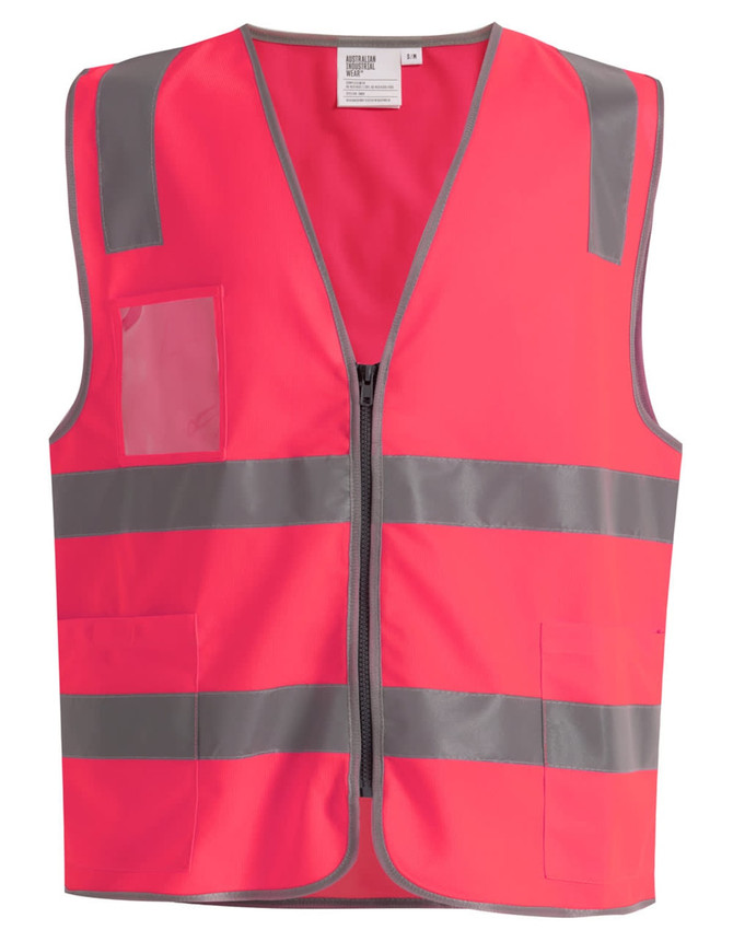 A vibrant pink safety vest featuring reflective stripes and utility pockets, including a clear ID pocket.