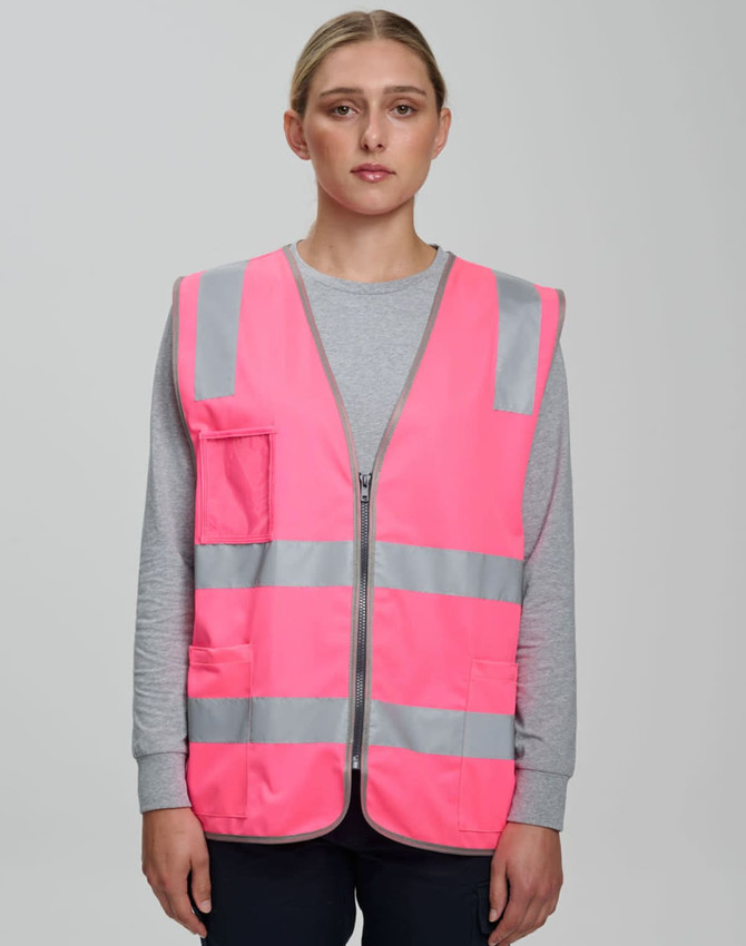A bright pink safety zip vest featuring reflective stripes and utility pockets, with a visible logo.
