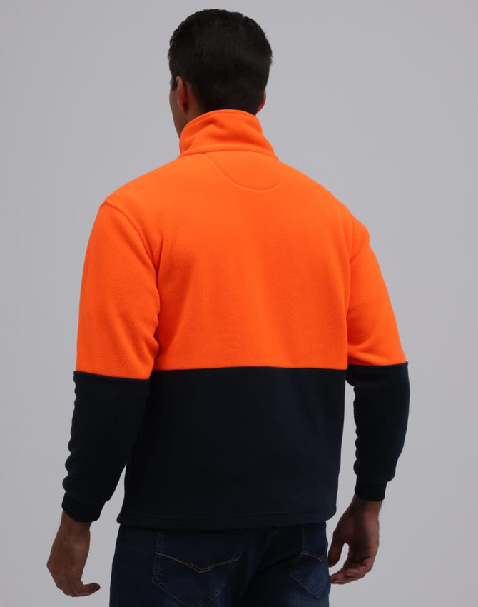 A Hi-Vis polar fleece full zip jacket featuring an orange upper section and navy lower section, with a collar and logo.