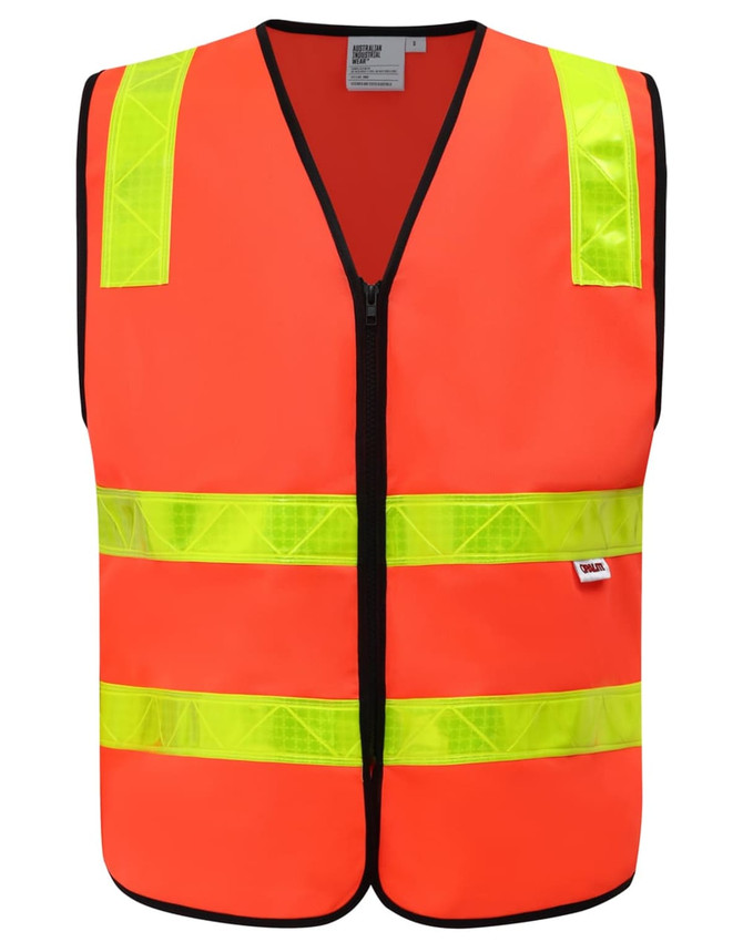 An orange safety vest featuring reflective yellow strips and a zipper front. It has a logo on the front.