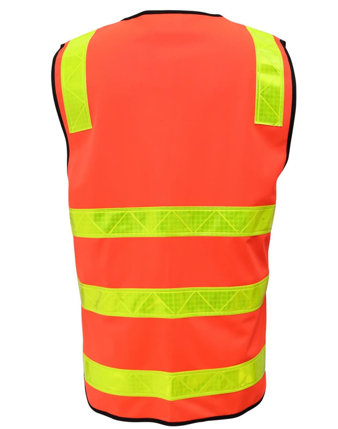 A high-visibility orange safety vest featuring reflective yellow stripes, designed for road safety.