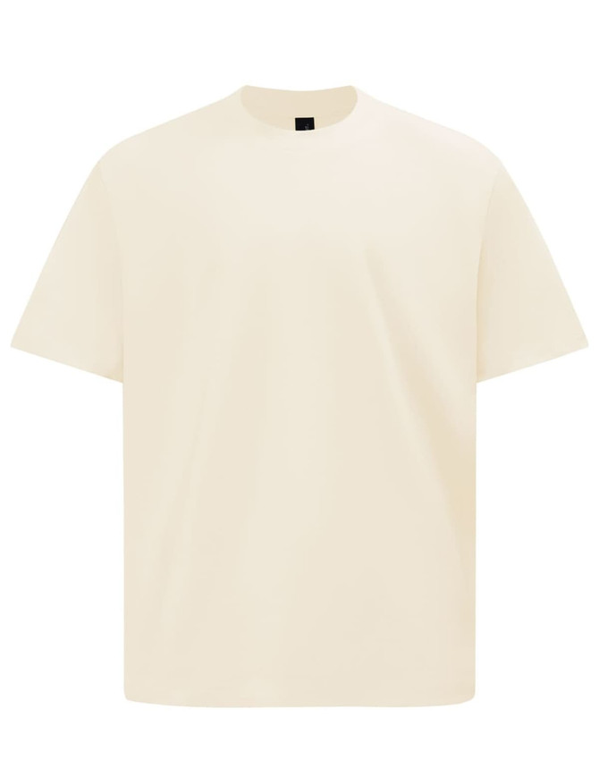 A unisex oversized tee in a light cream colour, featuring a simple design and a logo on the label.
