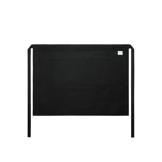 A black half apron featuring a front pocket and ties, with a logo. Suitable for workwear and culinary tasks.